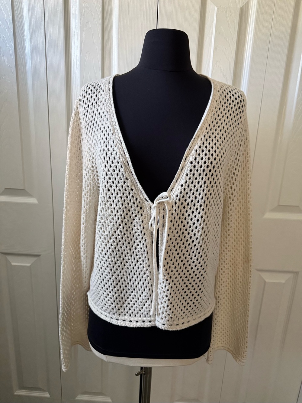 Hooked Up by IOT Cream Open-Knit V-Neck Tie-Front Sweater